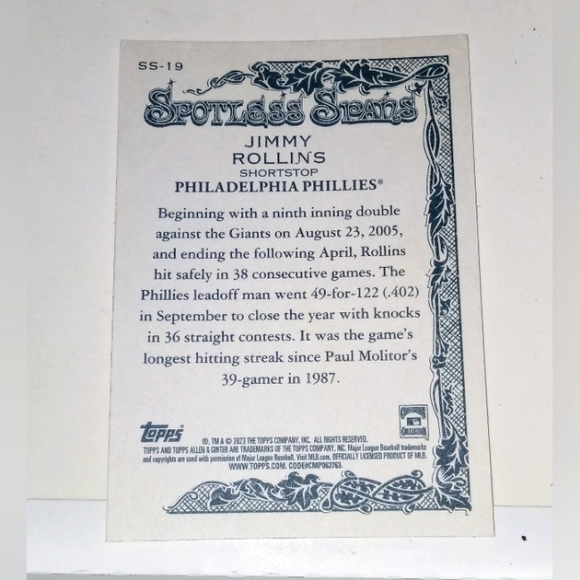 Jimmy Rollins Spotless Spans Topps Allen & Ginter 2023 #SS-19 - Picture 2 of 2